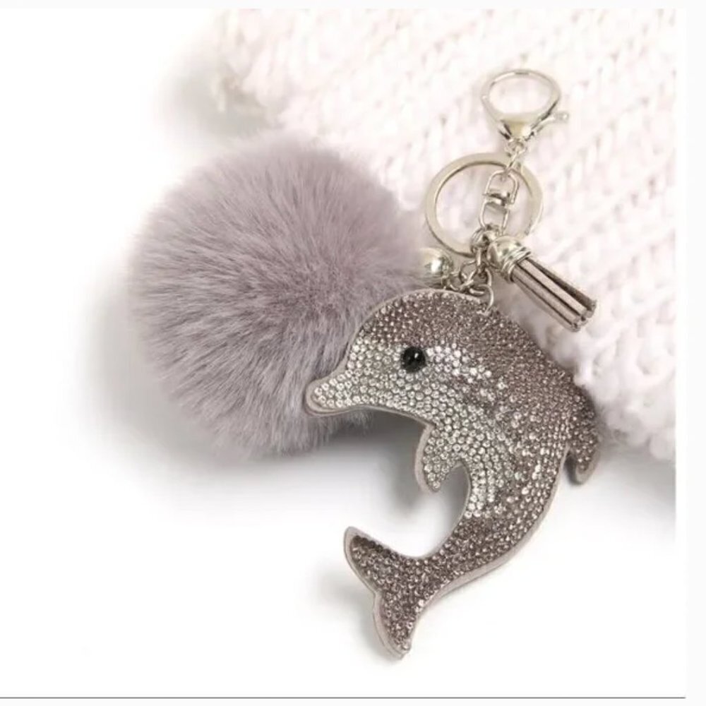 2/$16 New Gray Rhinestone Dolphin Pom Pom Keychain Purse/backpack Charm